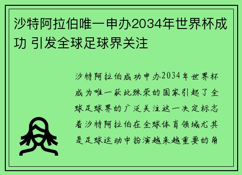沙特阿拉伯唯一申办2034年世界杯成功 引发全球足球界关注 沙特阿拉伯唯一申办2034年世界杯成功 引发全球足球界关注
